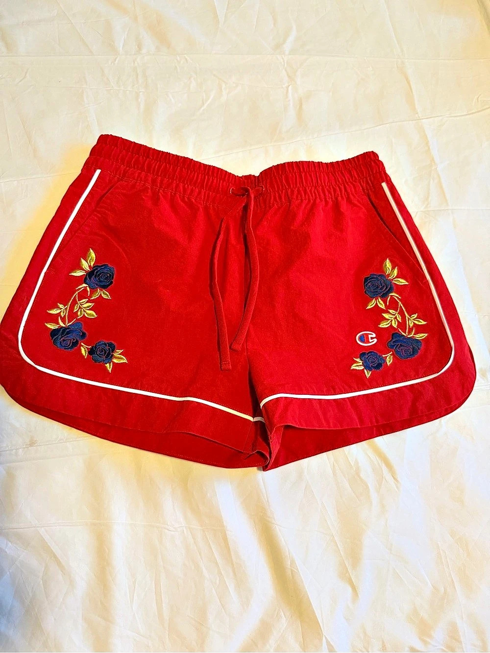 Champion Goalkeeper Rose Embroidery Shorts Athletic Shorts, Red, Large